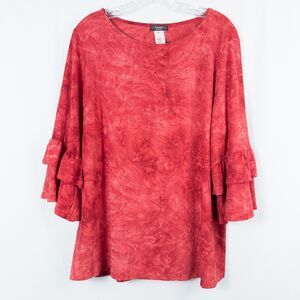 Cocomo Woman Jacquard Ruffle Bell Sleeve Top 1X Red Stretchy Fairy Boho Artsy